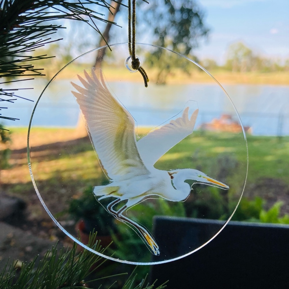 White egret Bird Glass Ornament Holiday Christmas acrylic